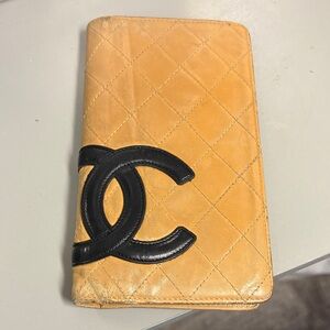 CHANEL Camel Quilted Wallet with Black Logo
